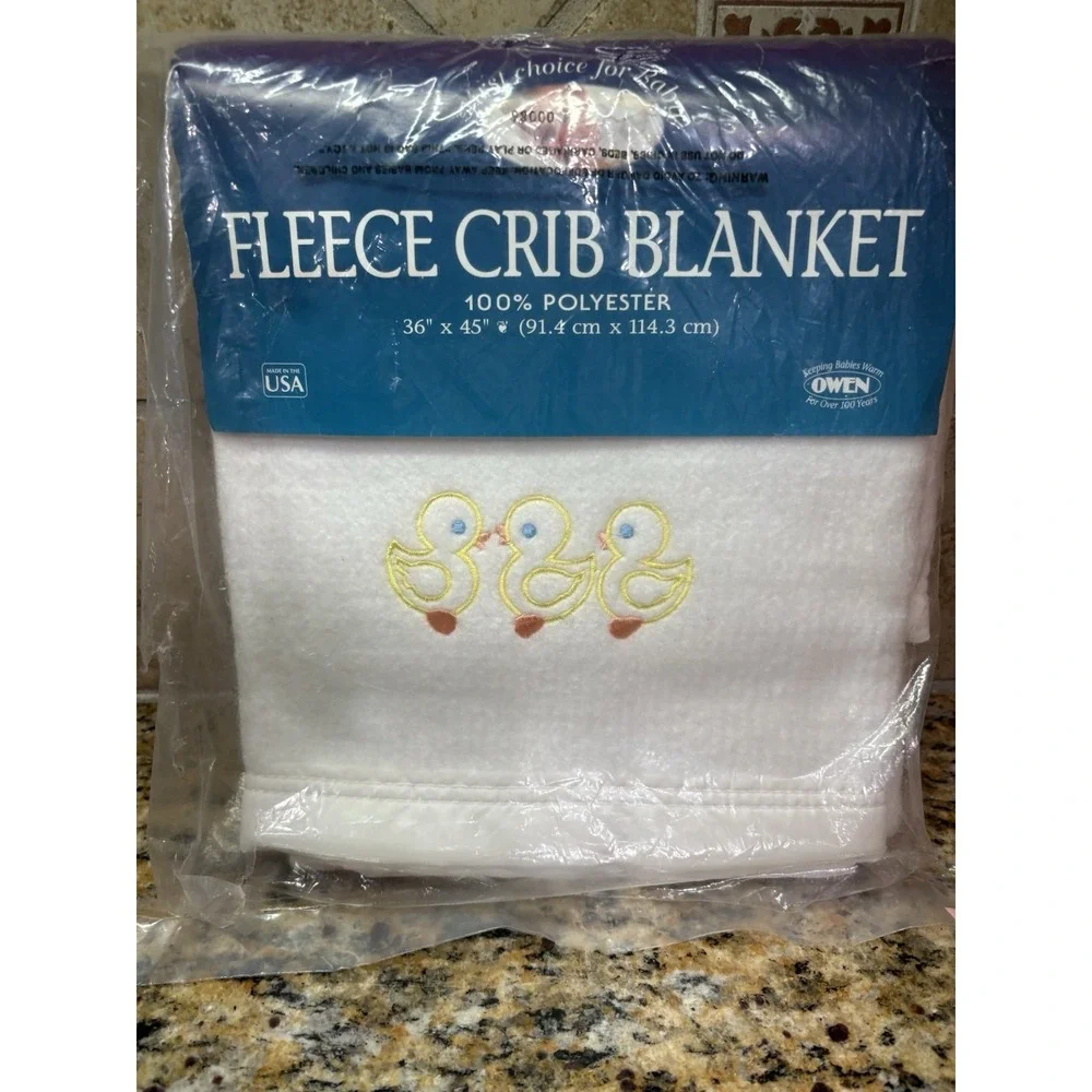 Vintage OWEN Fleece Crib Blanket White Duckies Made in USA Embroidered